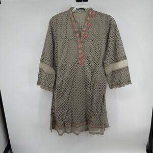 Tawakkal Fabrics Sage Green Eyelet Lace Tunic Pink Floral Embroidery Large